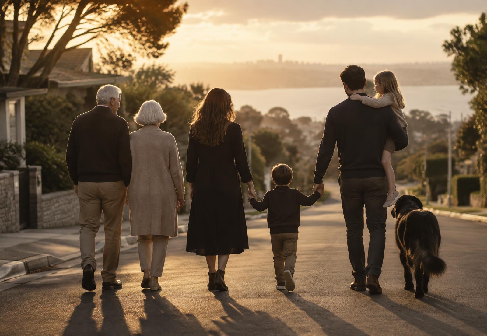 A multigenerational family walking together along a quiet neighborhood street at sunset