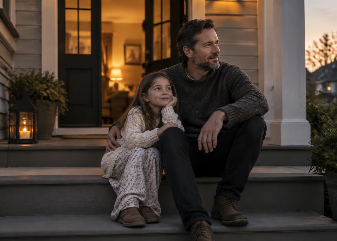 A father and his daughter sitting together on the front steps of their home at dusk